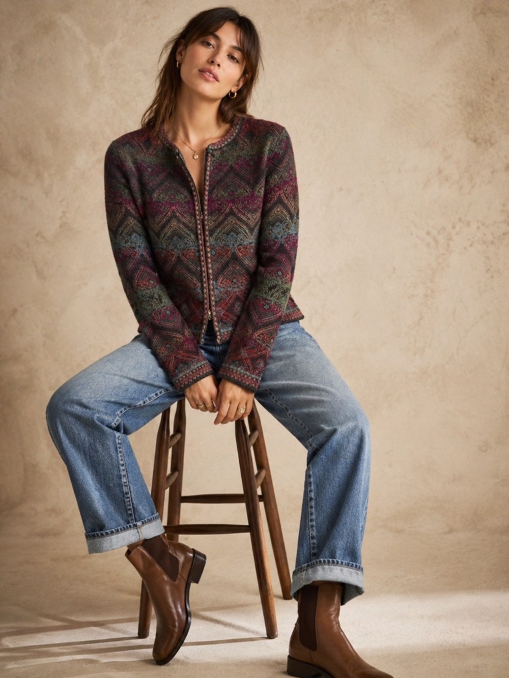 VINTAGE IVKO Jacquard Zip Cardigan‎ Women’s Small Sz 38 Multicolor Knit Sweater